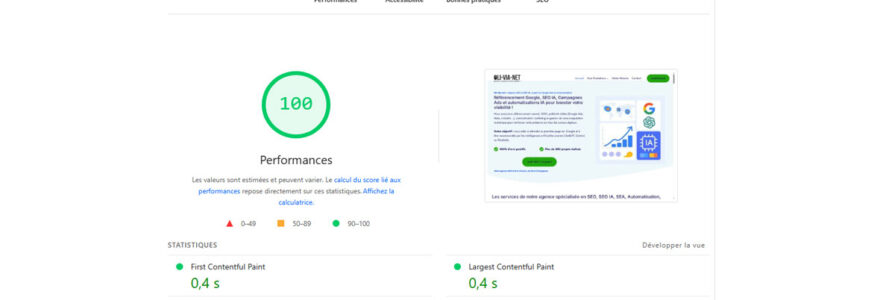 Capture d’écran montrant un score de 100 sur 100 sur Google PageSpeed Insights, indiquant des performances web optimales.